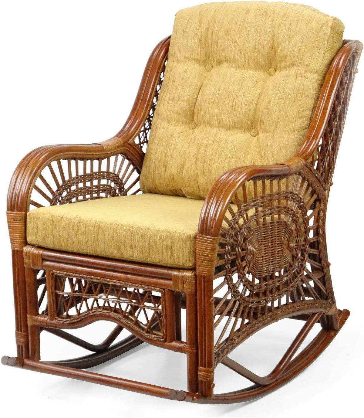 Natural Rattan Set of 2 Rocking Lounge Chairs with Light Brown Cushions and Round Coffee Table with Glass W138