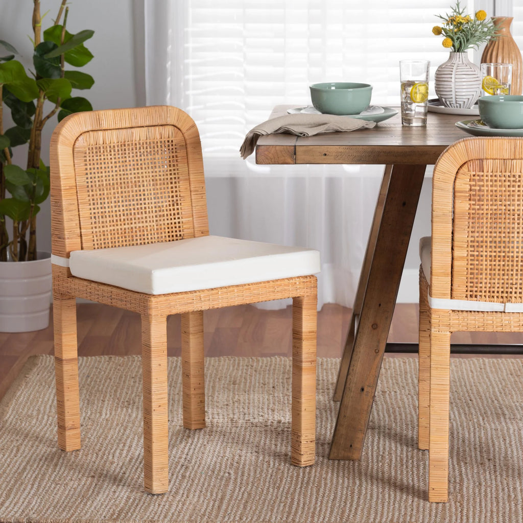 Natural Brown Rattan and Mahogany Wood 2-Piece Dining Chair Set A1075