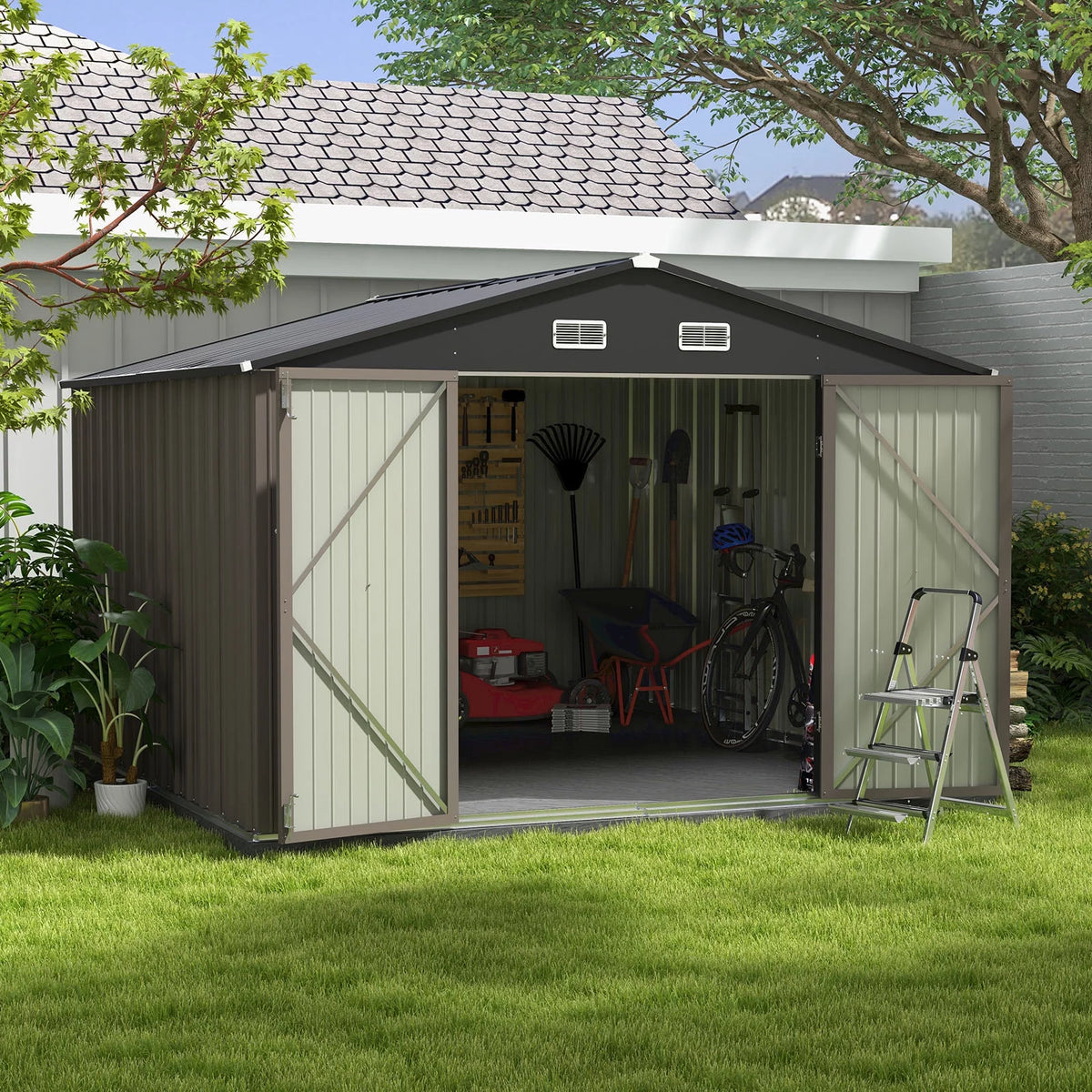 10 x 10 ft Outdoor Storage Metal Shed, Brown M7704