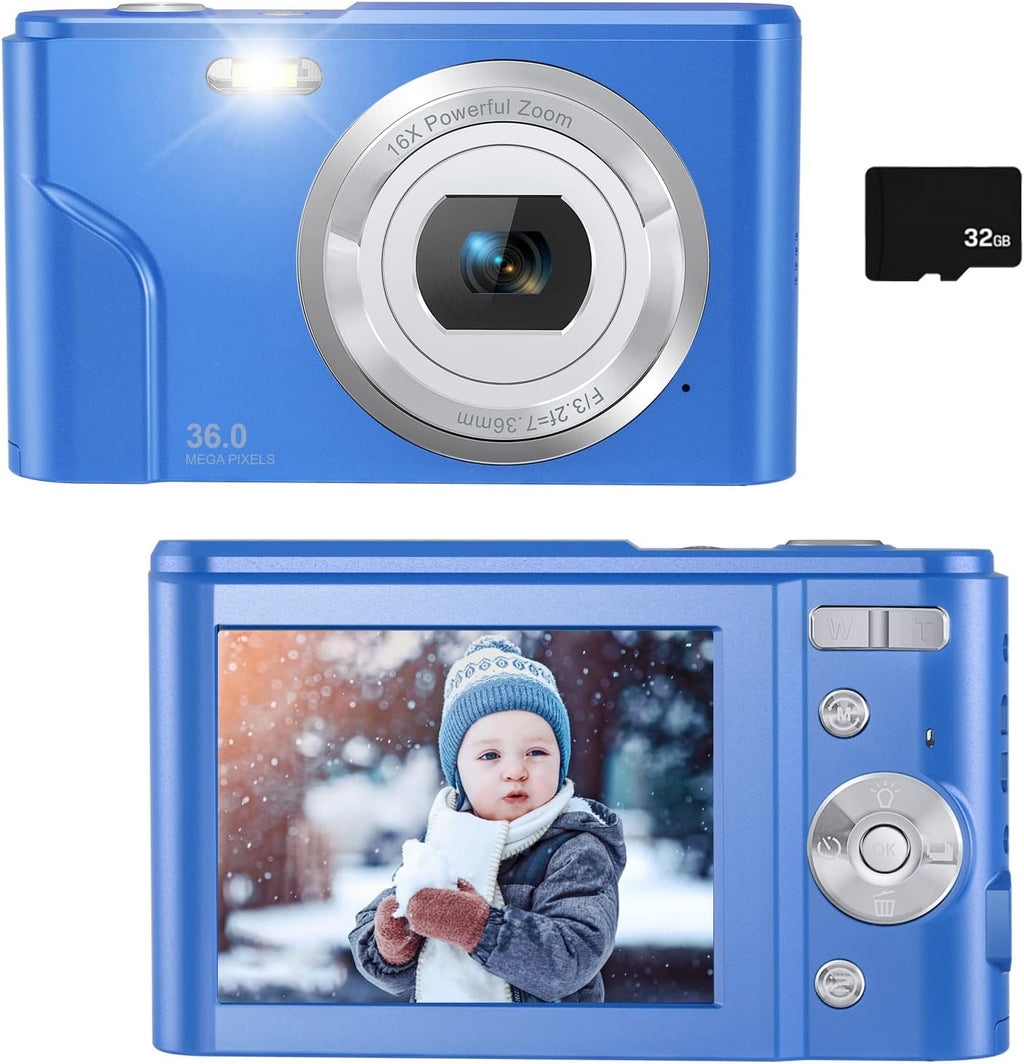 36MP Children's Camera with 32GB SD Card, Full HD 1080P Rechargeable Mini Camera (Light Blue) F1010
