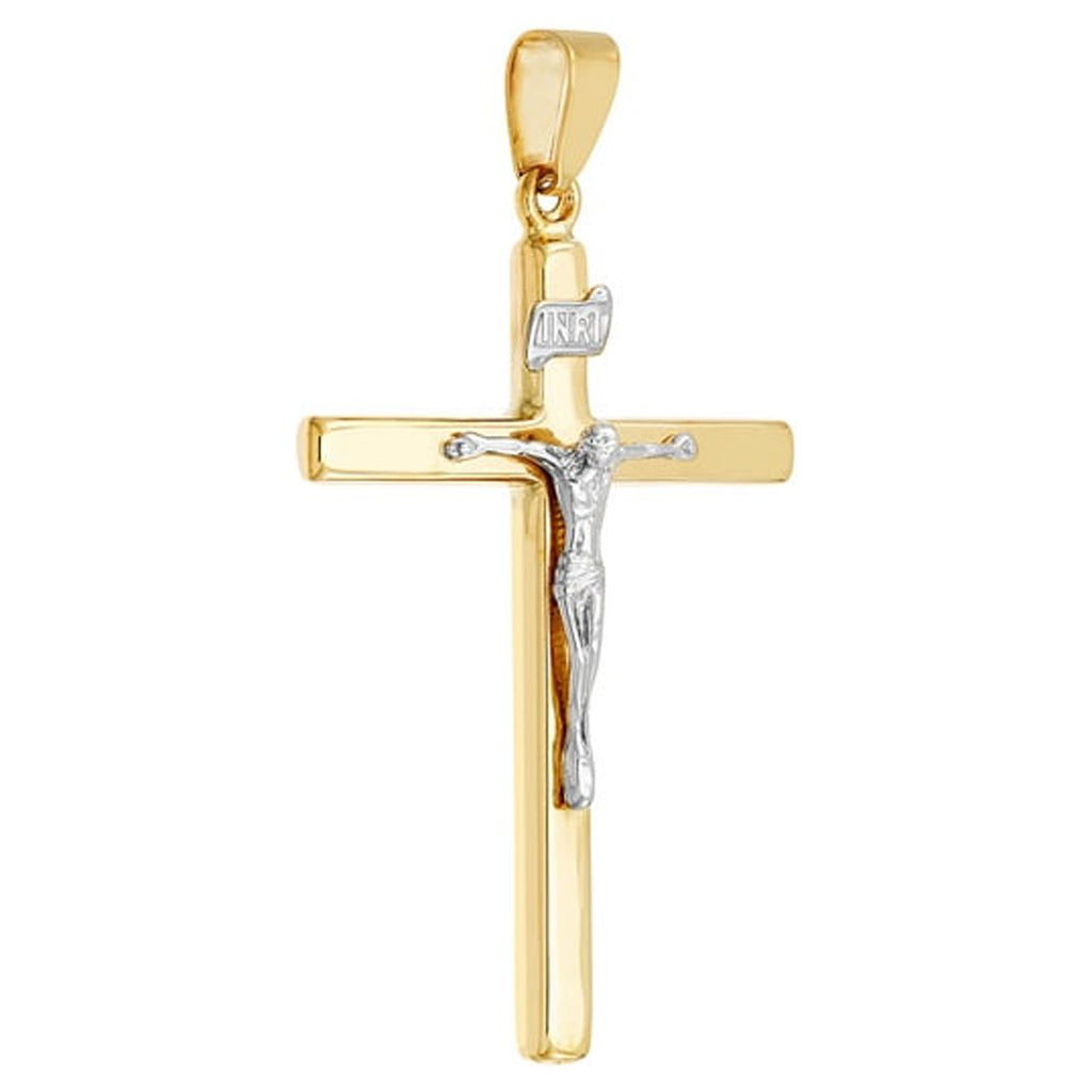 14k Yellow and White Gold Square Tube Cross Pendant Necklace A6575