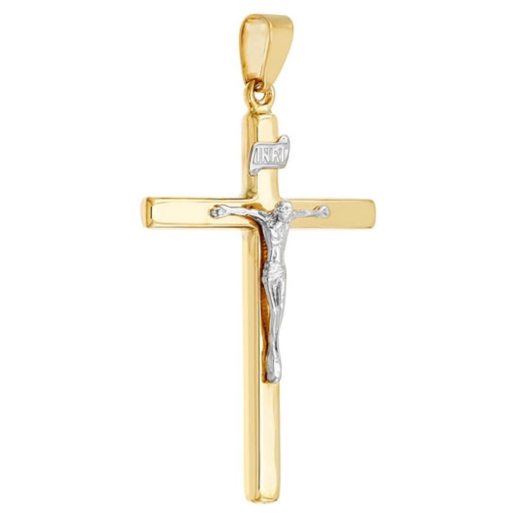 14k Yellow and White Gold Square Tube Cross Pendant Necklace A6575