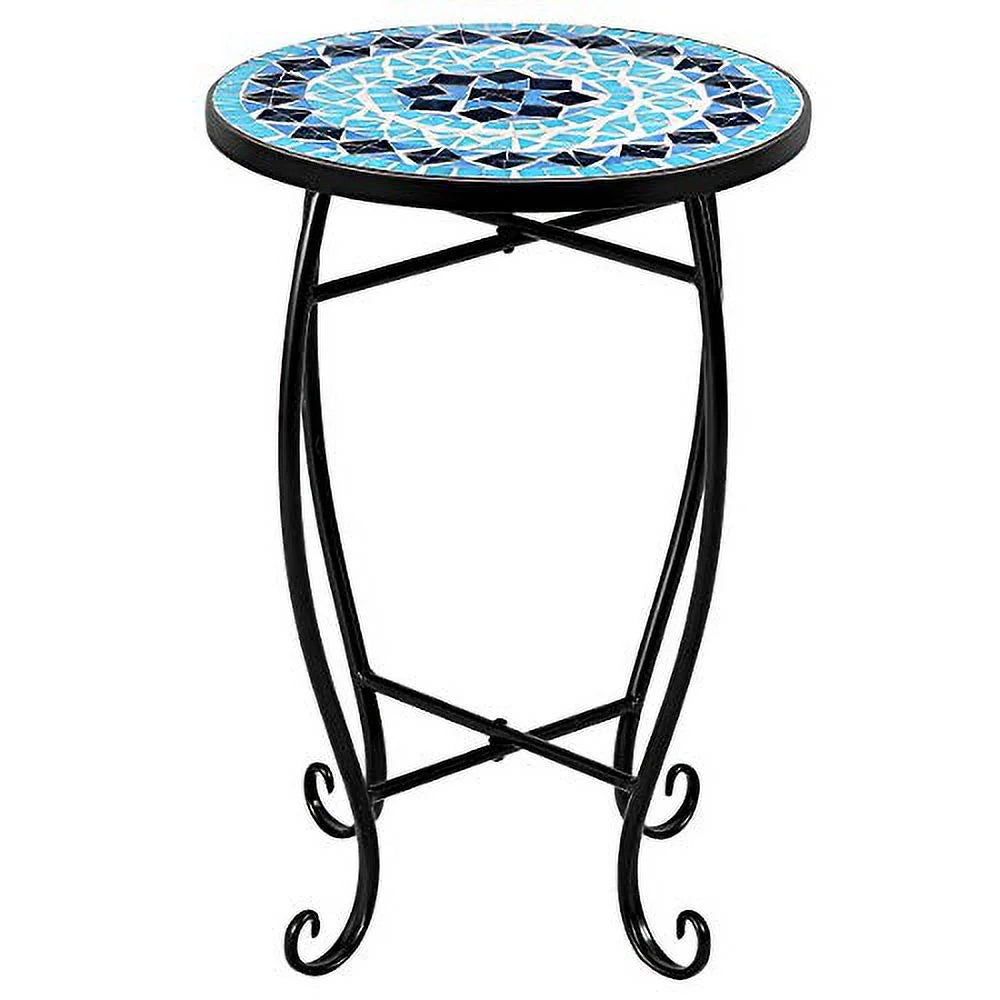 Round 14 Inch Mosaic Side Table with Glass Top and Steel Frame M117