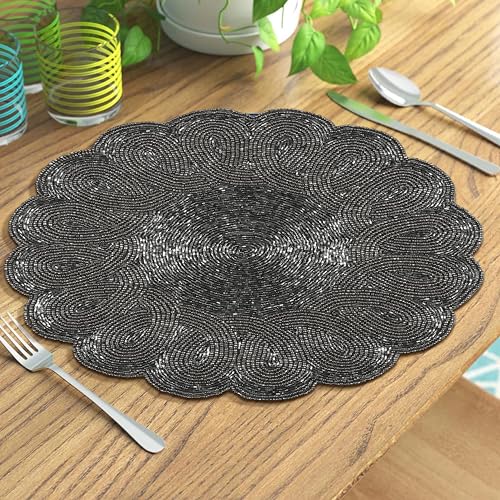 Navy Beaded Round Placemats Set of 2 13 Inches I63237