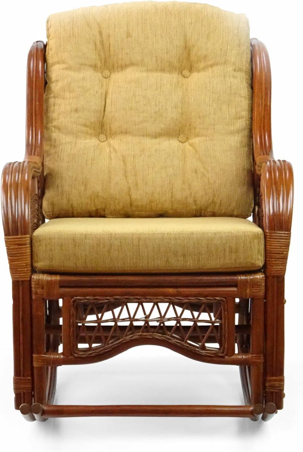 Natural Rattan Set of 2 Rocking Lounge Chairs with Light Brown Cushions and Round Coffee Table with Glass W138