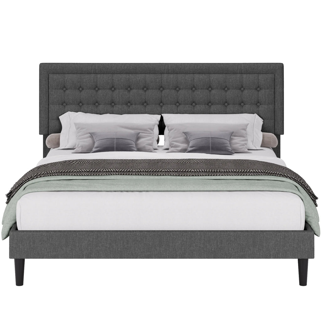 King Size Gray Linen Fabric Upholstered Bed Frame J7616