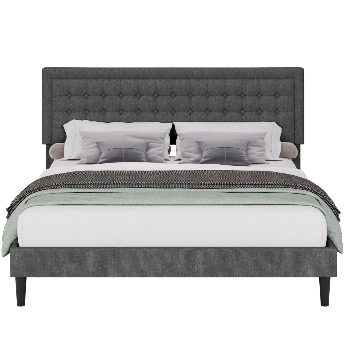 King Size Gray Linen Fabric Upholstered Bed Frame J7616