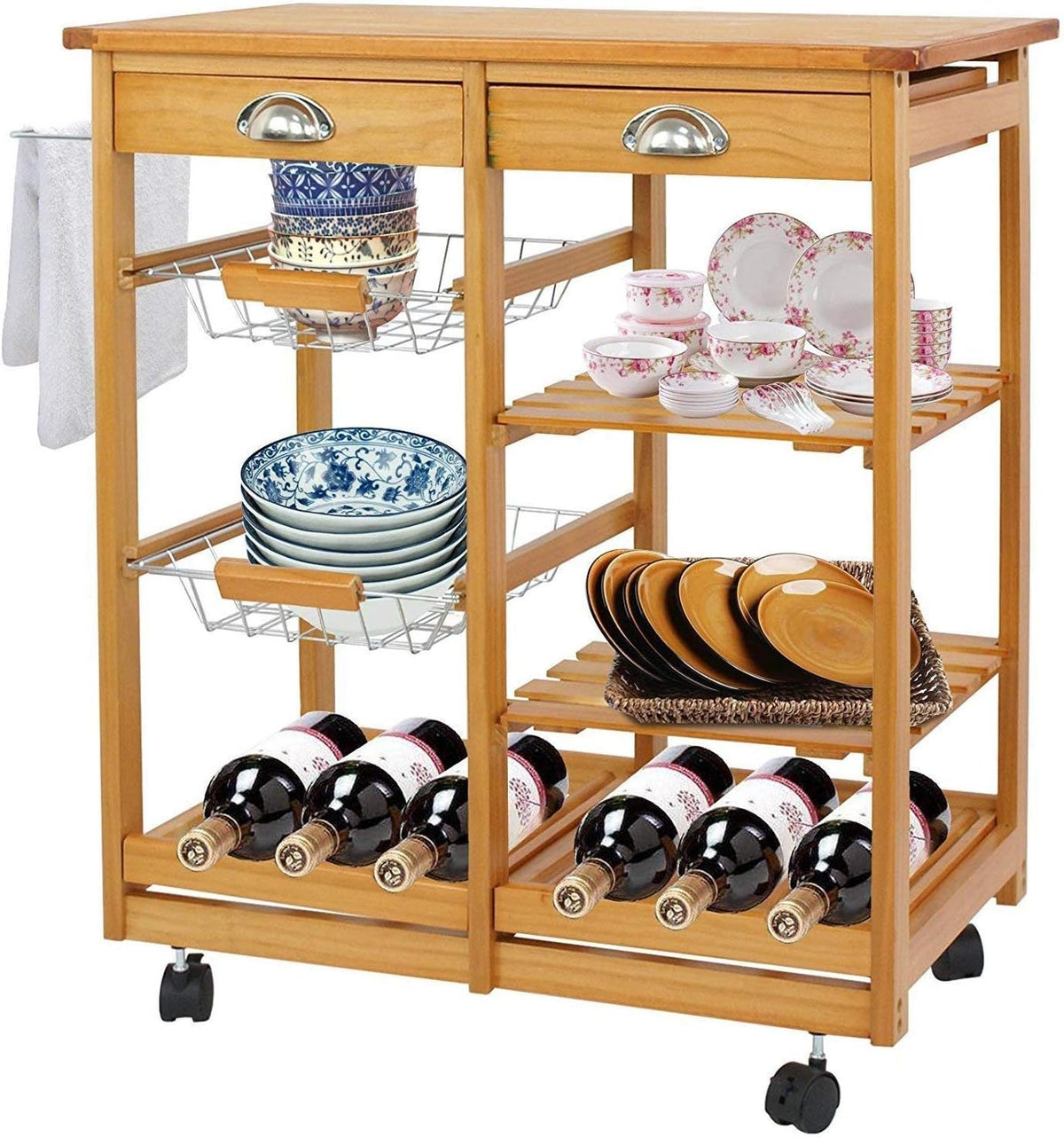 Wood Rolling Kitchen Island Storage Cart with Drawer Shelves Basket M4683