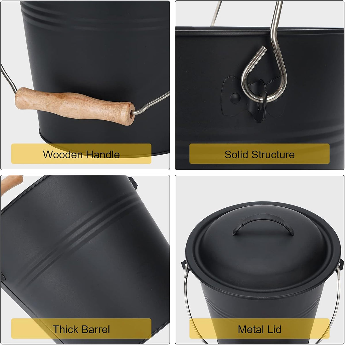 Mini Ash Bucket with Lid, 1.5-Gallon Pail with Shovel and Hand Broom, Metal Bucket Coal and Ash Carrier, Wood Pellet Storage Container, Tool set Accessories for Fireplace, Fire Pit, Wood Burning Stove Pack of 2 B928623