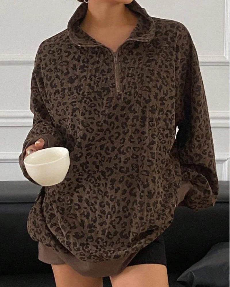 Women Zip Up Long Sleeve Leopard Print Sweatshirt K2618