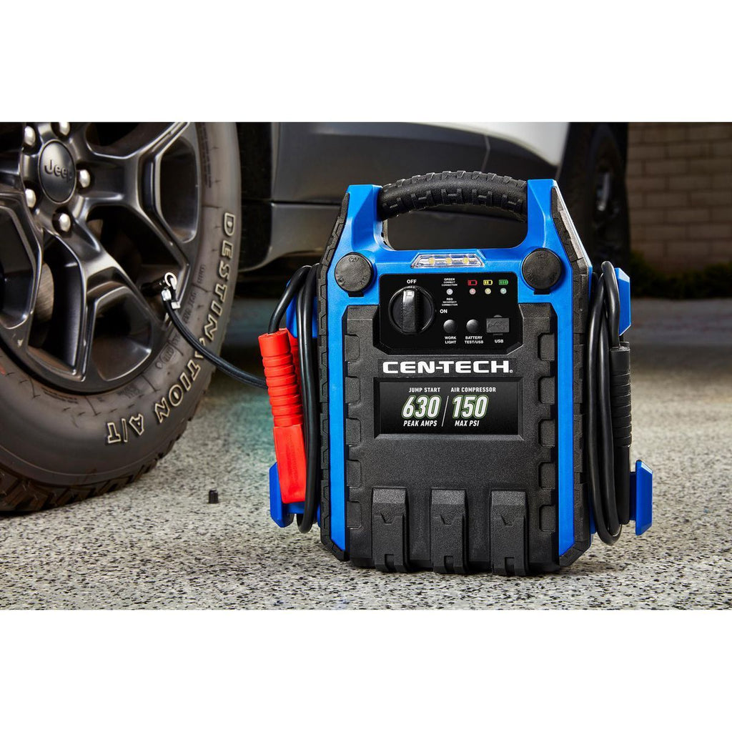 630 Peak Amp Portable Car Battery Jump Starter with Air Compressor T371388