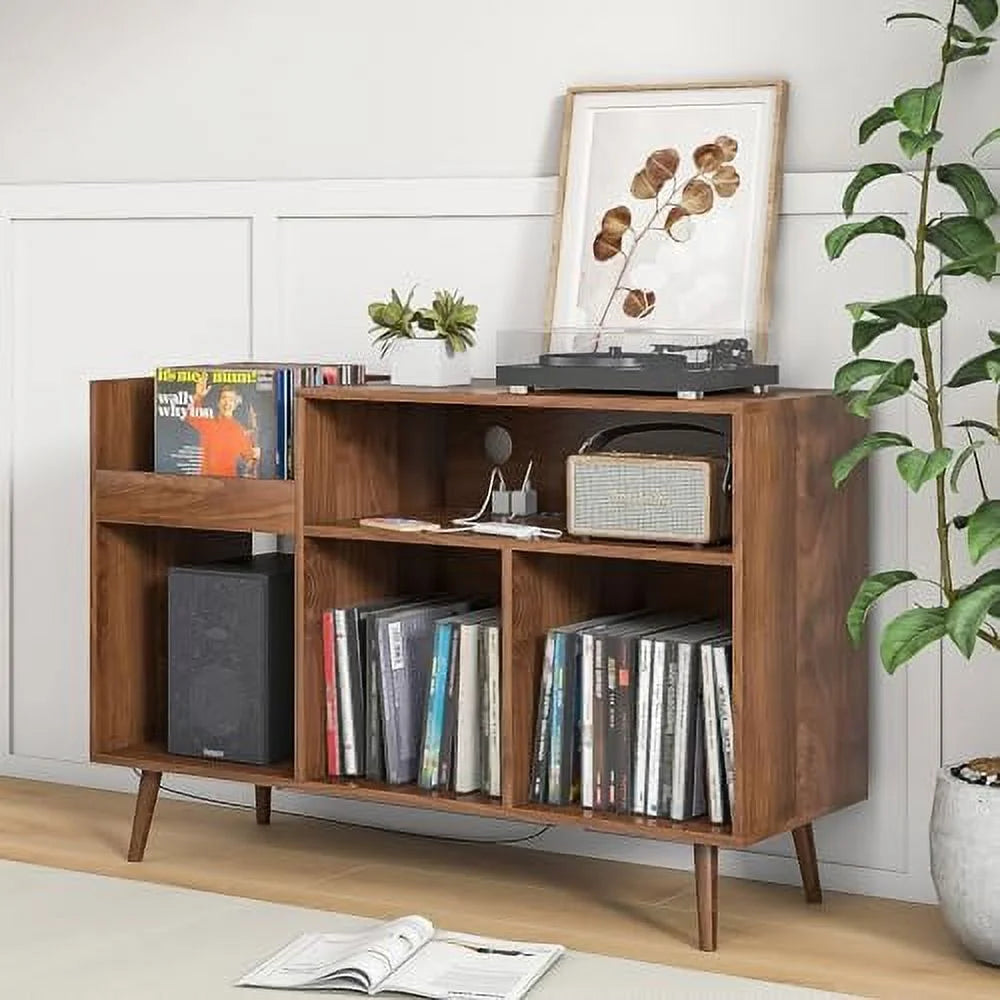 Mid-Century Record Player Stand with Vinyl Record Cabinet and Power Outlet O21183