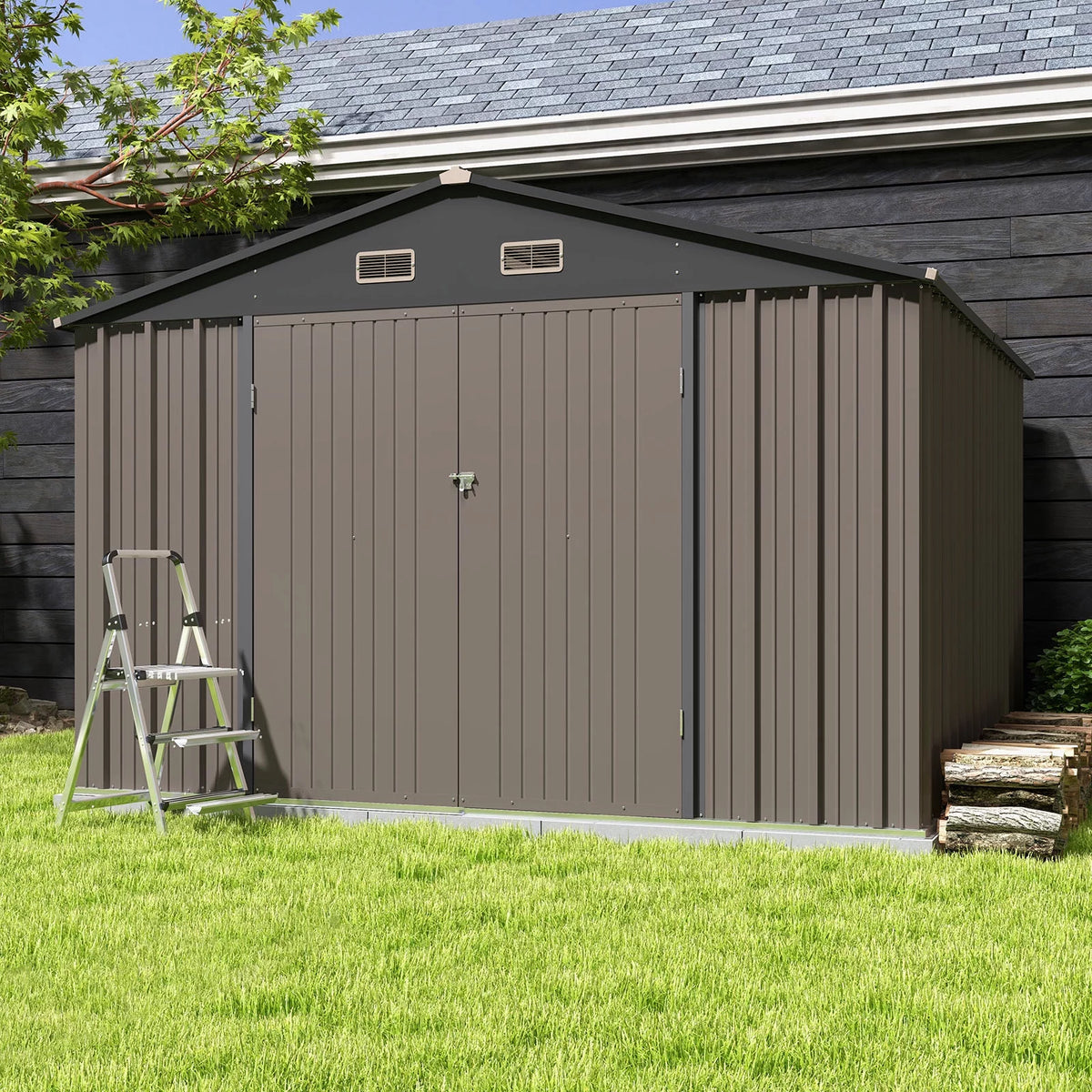 10 x 10 ft Outdoor Storage Metal Shed, Brown M7704
