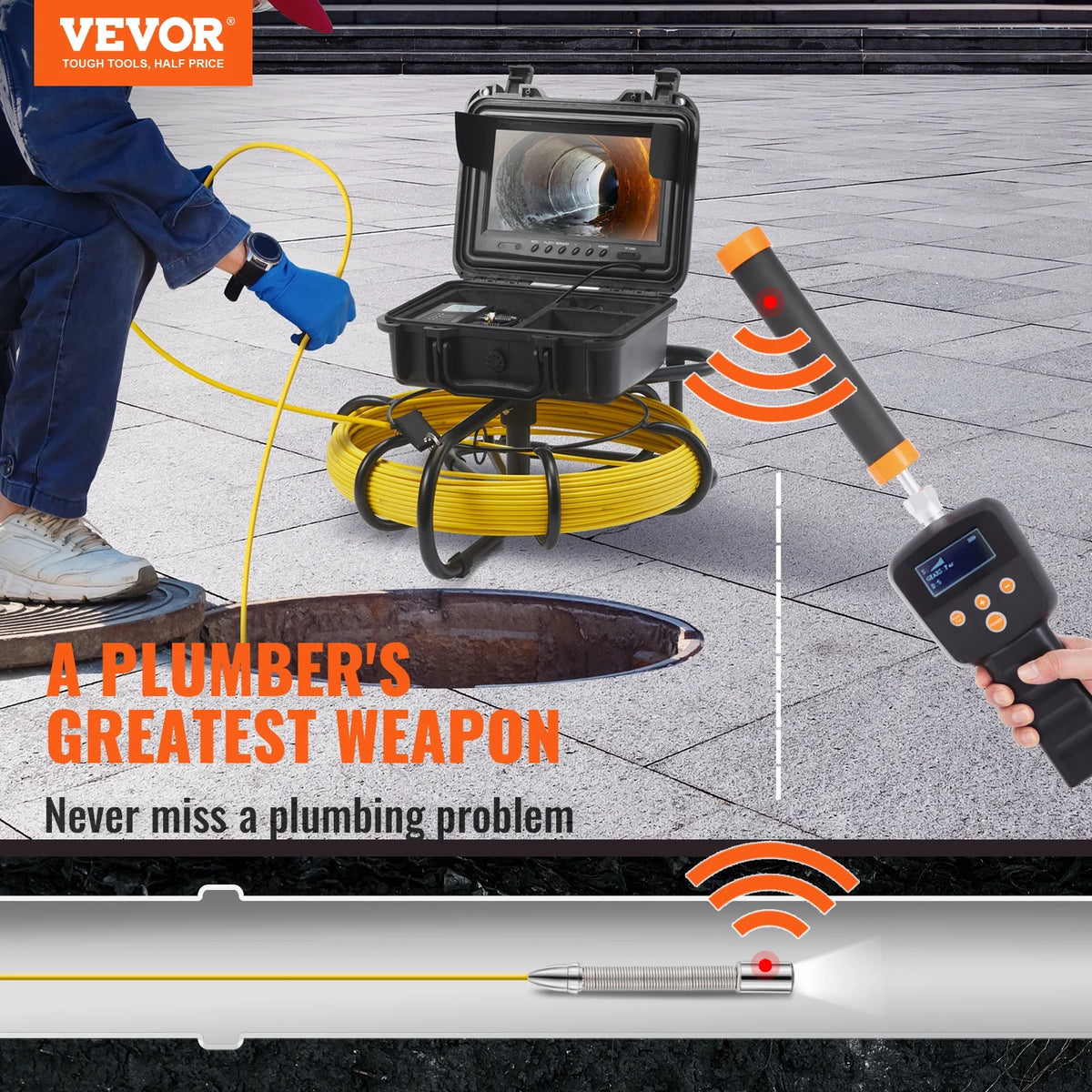 Sewer Camera Pipe Inspection Camera with 512hz Sonde 9in 720p Screen 164 ft P4851