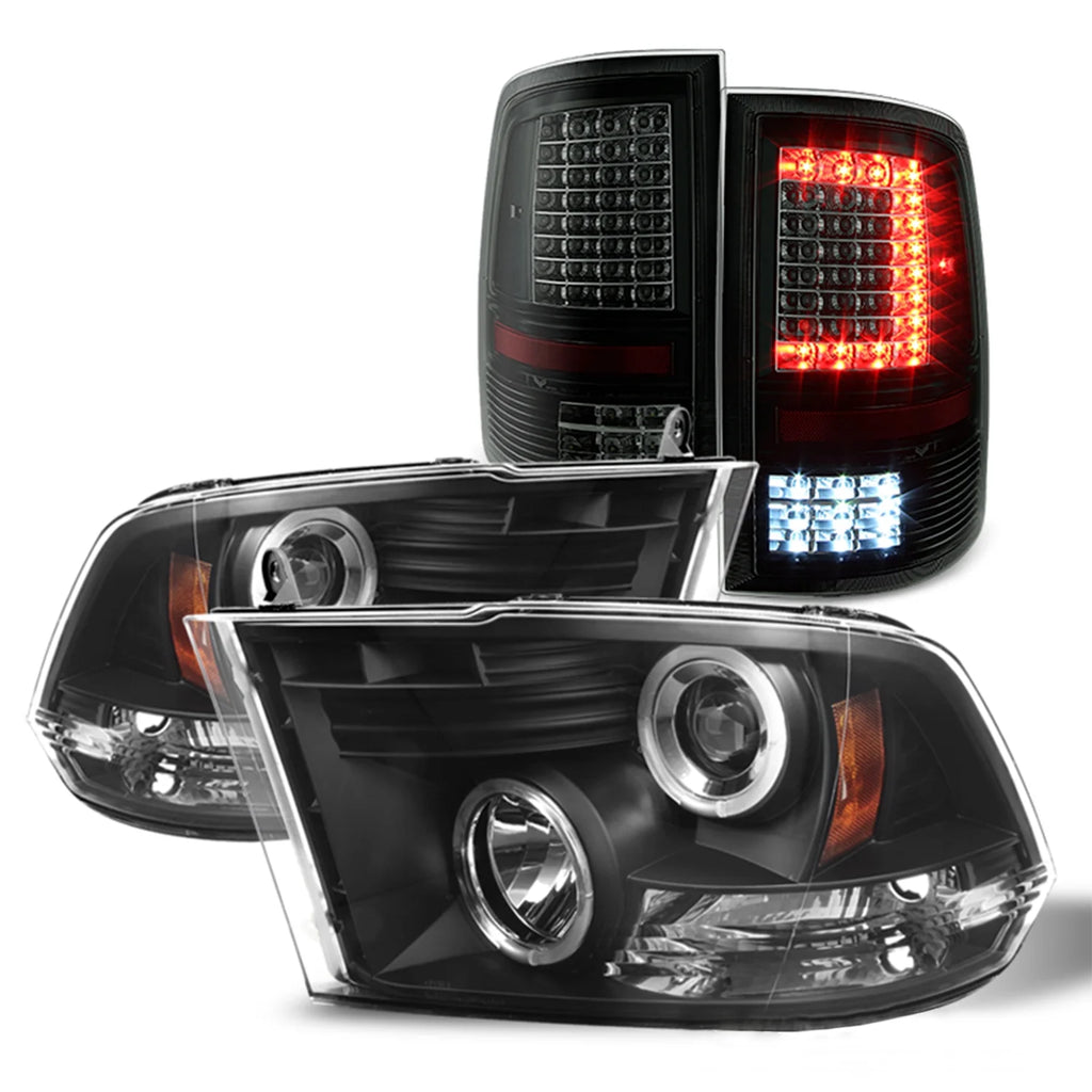 For 2009-2018 Dodge Ram Black Housing LED Projector Headlights + Smoke Lens Tail Lights Y573