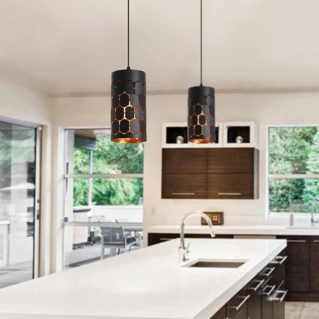 3-Light Kitchen Island Pendant Light Fixture, Gold Inner and Black V410