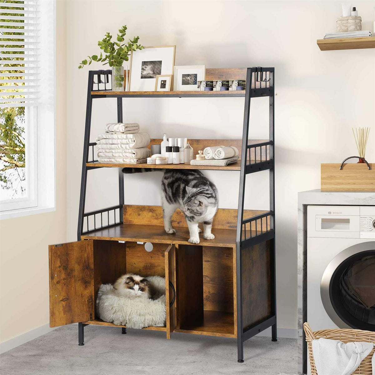 Large Wooden Cat Litter Box Enclosure with Storage Shelves L42310