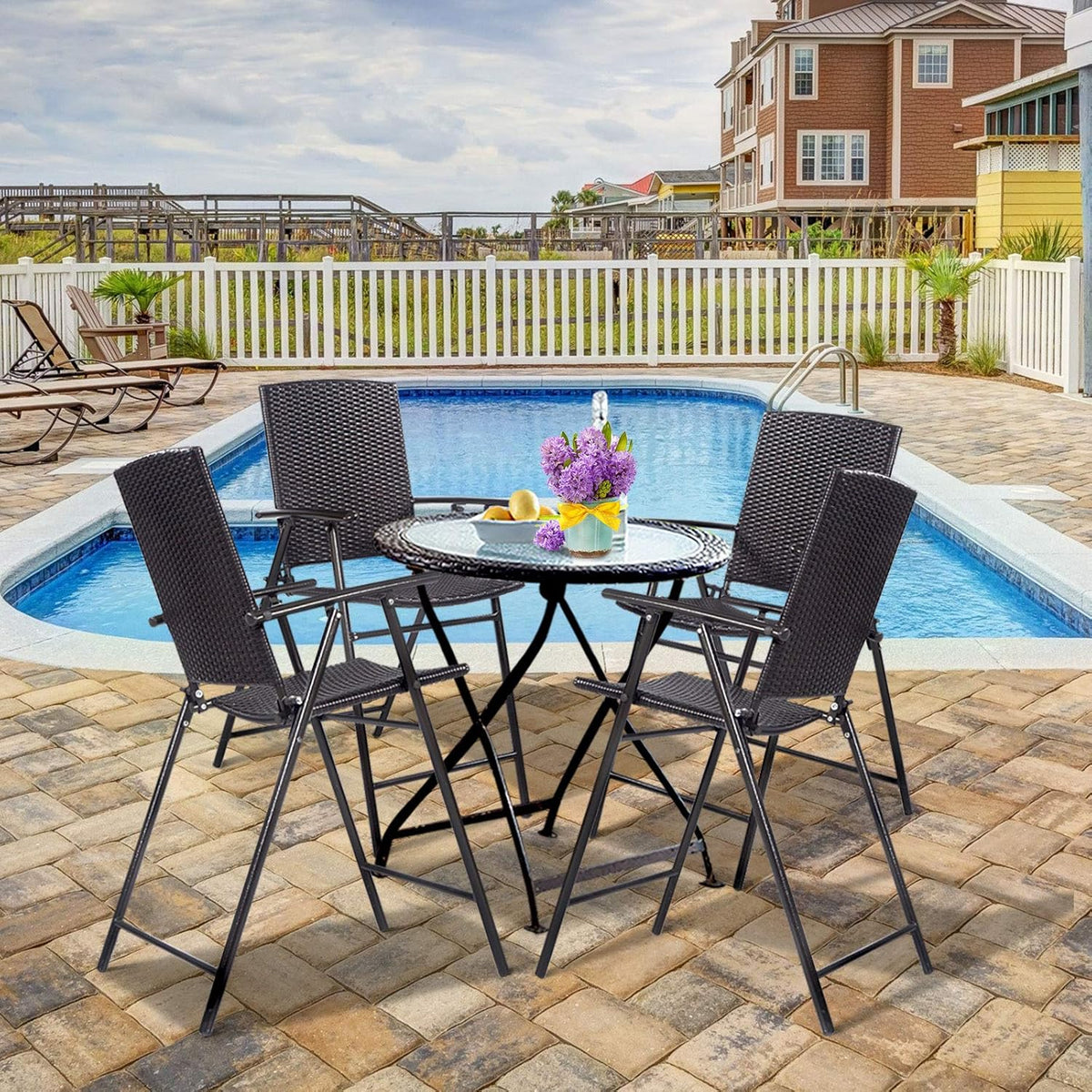 Set of 4 Folding Wicker Rattan Bar Stools with Back O379