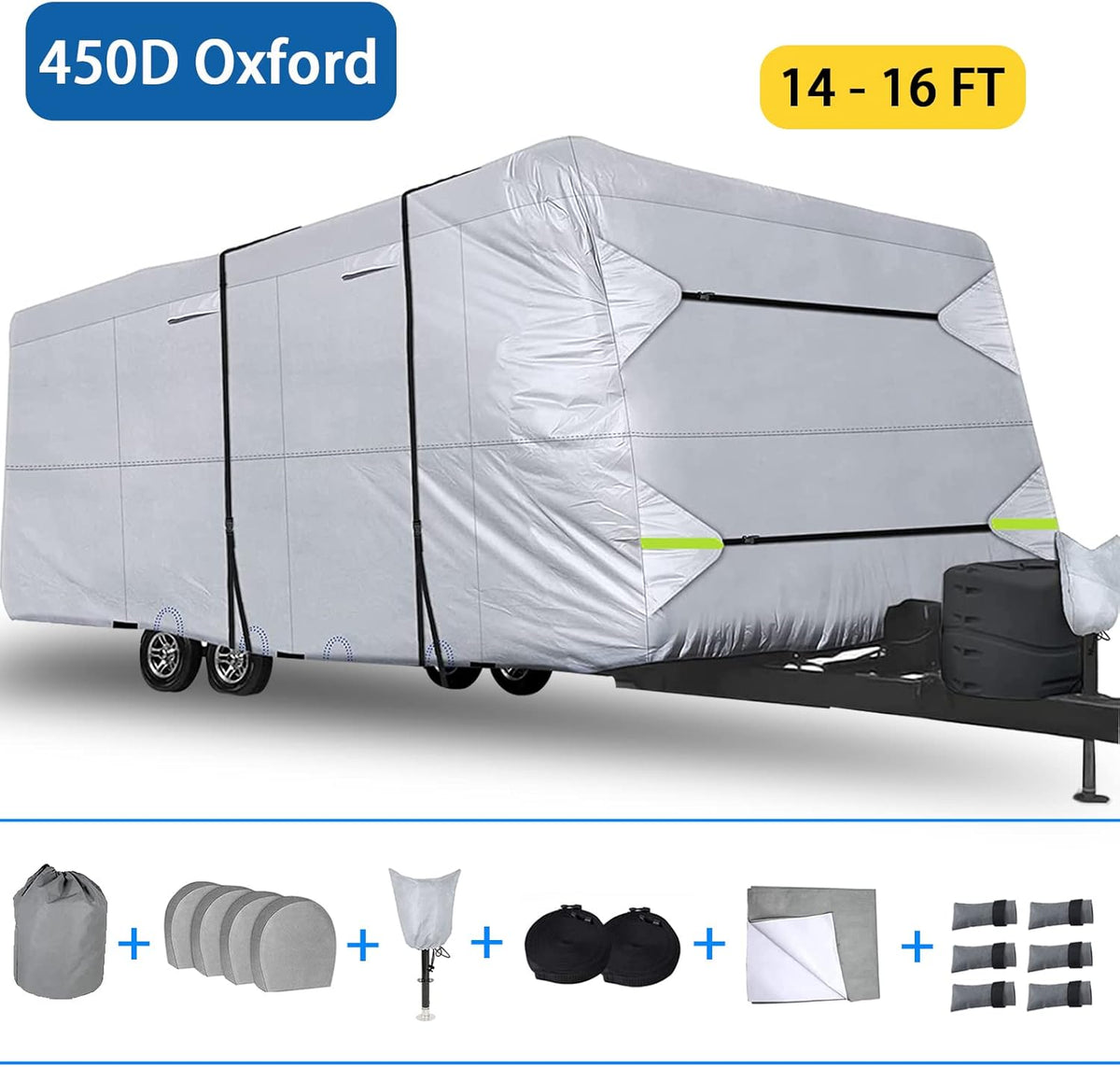 450D Double Oxford Cloth Travel Trailer RV Cover with Lashing Straps X221