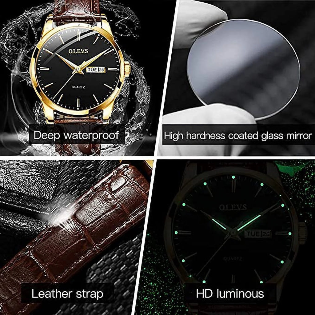 Men's Casual Analog Quartz Watch Brown/Black Leather Band E5927
