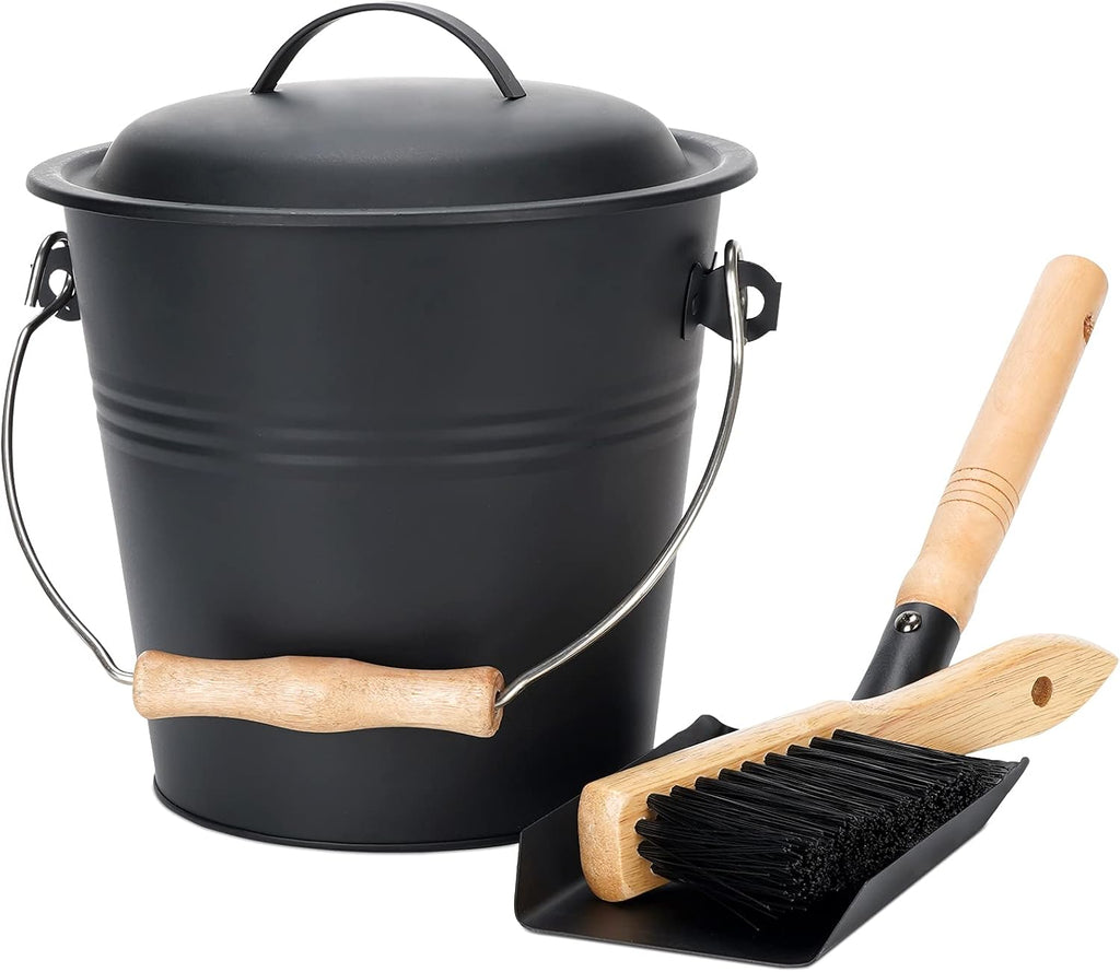 Mini Ash Bucket with Lid, 1.5-Gallon Pail with Shovel and Hand Broom, Metal Bucket Coal and Ash Carrier, Wood Pellet Storage Container, Tool set Accessories for Fireplace, Fire Pit, Wood Burning Stove Pack of 2 B928623
