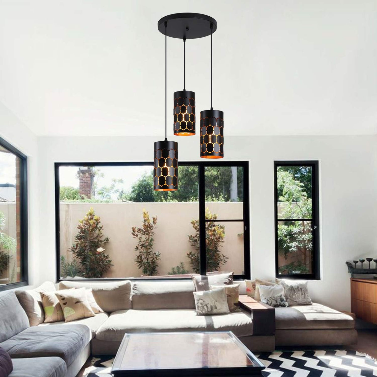 3-Light Kitchen Island Pendant Light Fixture, Gold Inner and Black V410