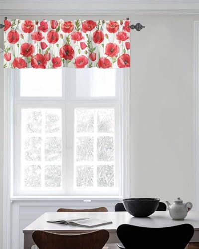 Watercolor Red Poppy Flower White Short Kitchen Curtains 54x18IN H1692