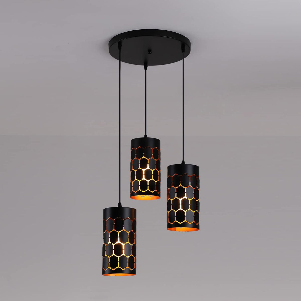 3-Light Kitchen Island Pendant Light Fixture, Gold Inner and Black V410