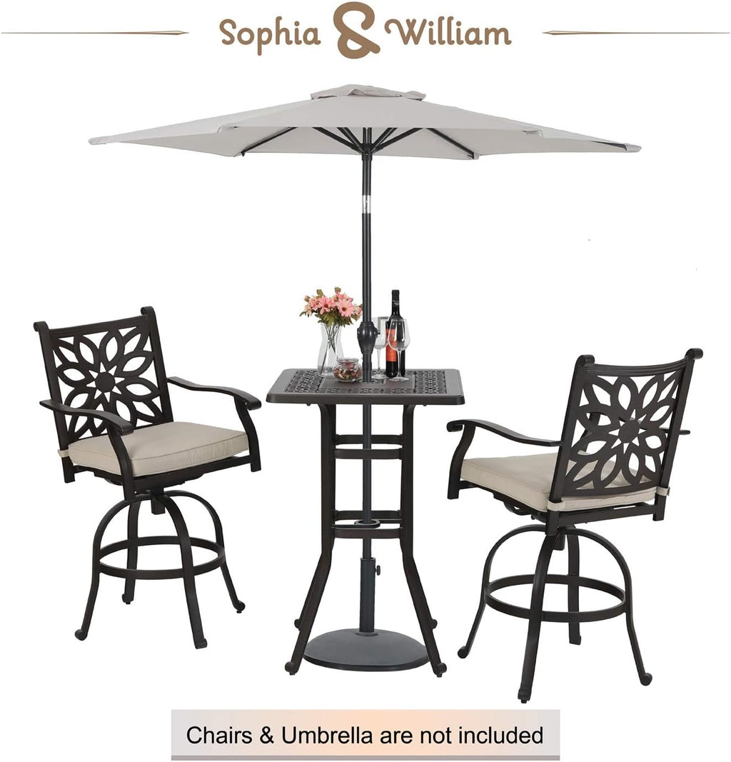 3 Pieces Cast Aluminum Bar Set with 2 Swivel Bar Height Chairs and 1 Square Table U267