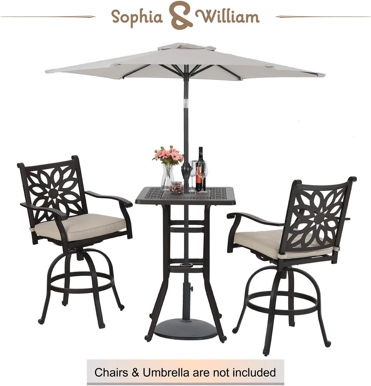 3 Pieces Cast Aluminum Bar Set with 2 Swivel Bar Height Chairs and 1 Square Table U267
