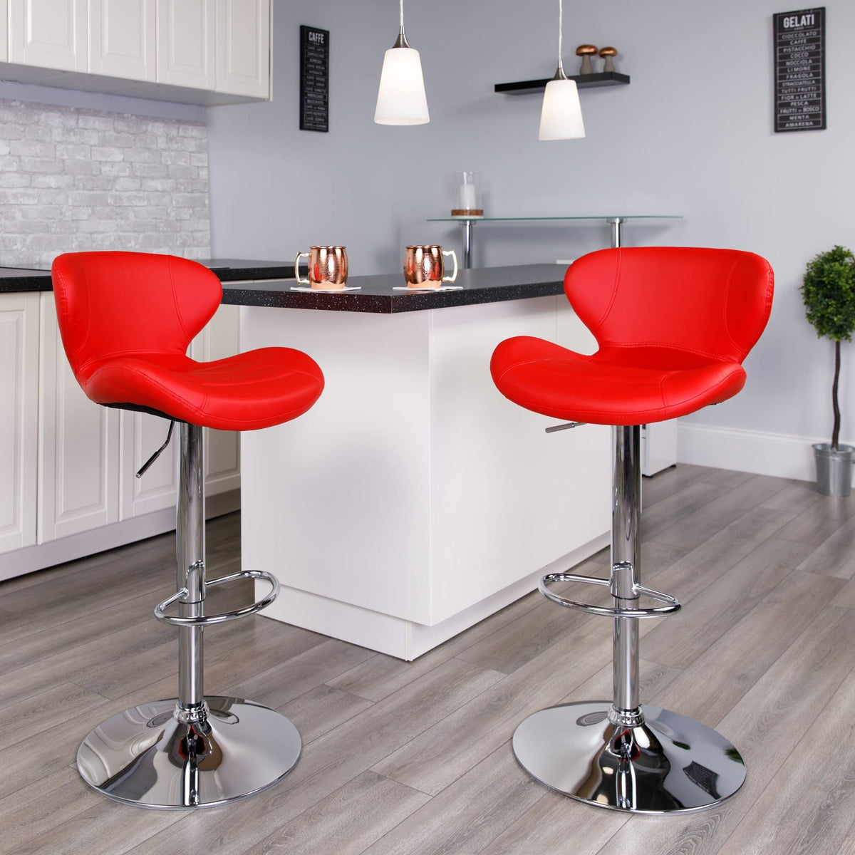 Red Adjustable Height Barstool with Curved Back and Chrome Base L6254