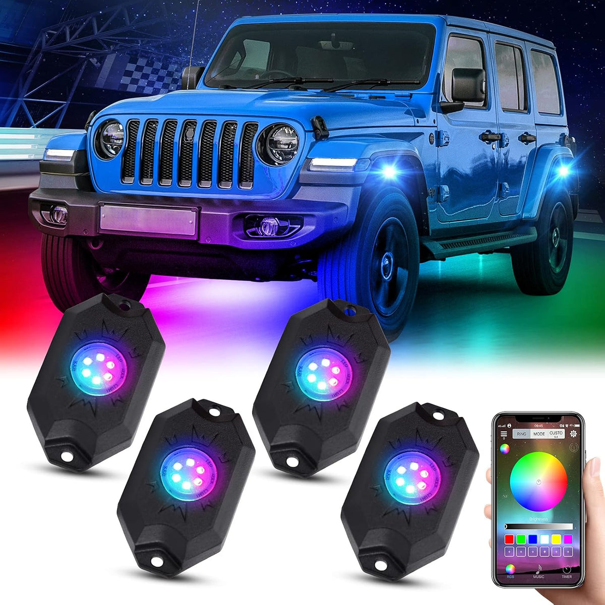 Multicolor Waterproof LED Rock Lights Kit 4 Pods Z261