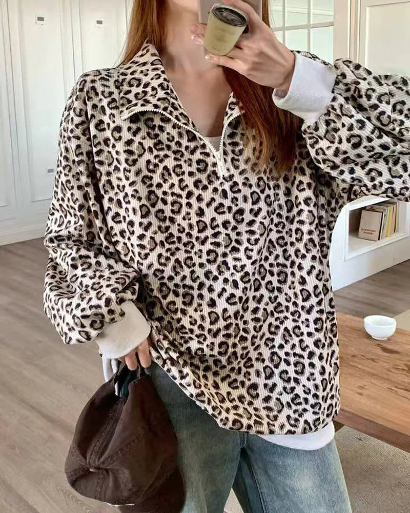 Women Zip Up Long Sleeve Leopard Print Sweatshirt K2618