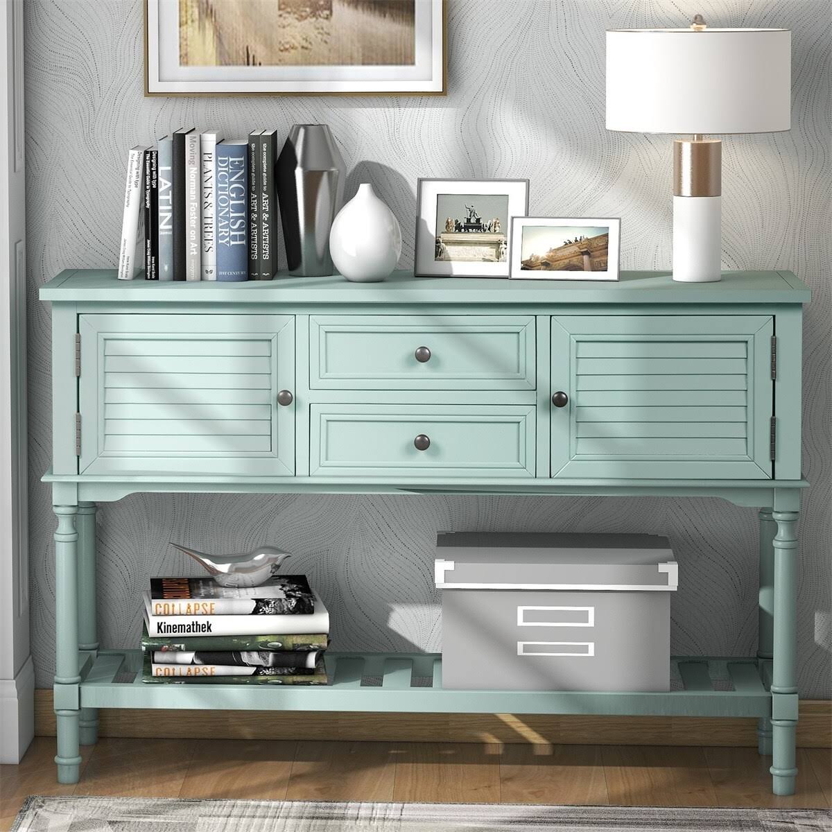 Light Green Console Table with 2 Drawers and 2 Cabinets R3509