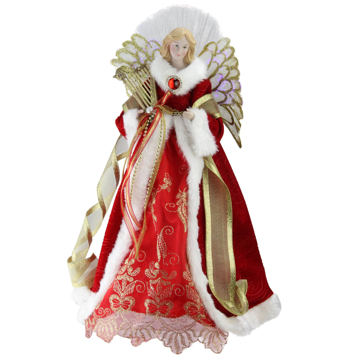 16x22 Lighted Fiber Optic Angel in Garnet Red Coat with Harp Christmas Tree Topper J953