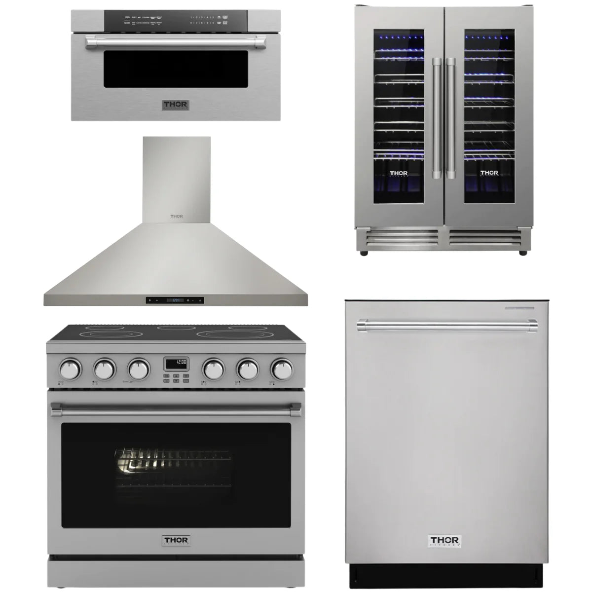 36 Electric Range, Range Hood, Dishwasher, Microwave and Wine Cooler M5057