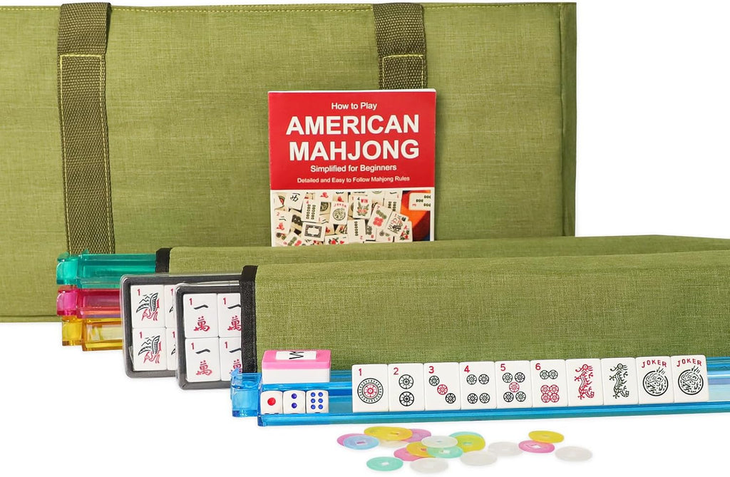 166 White Tiles Mahjong Set with Green Bag and Rack Pushers N861