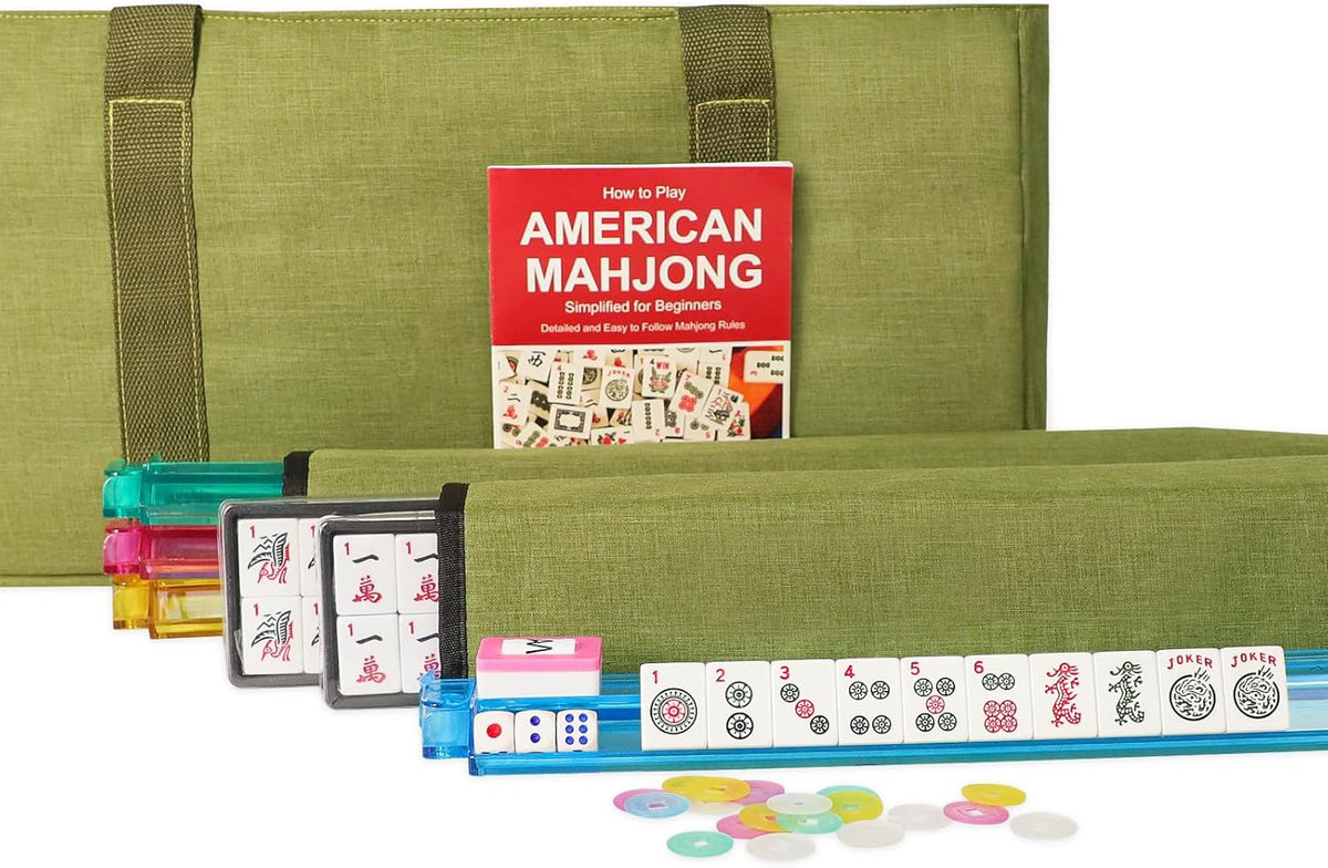 166 White Tiles Mahjong Set with Green Bag and Rack Pushers N861