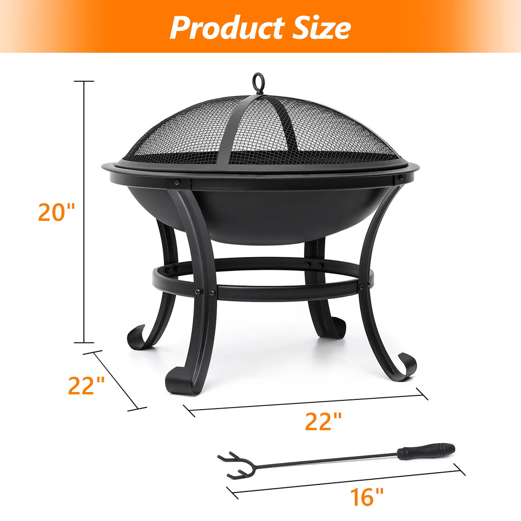 22 inch Portable Wood Burning Fire Pit Bowl with Spark Screen, Log Grate, Poker I238