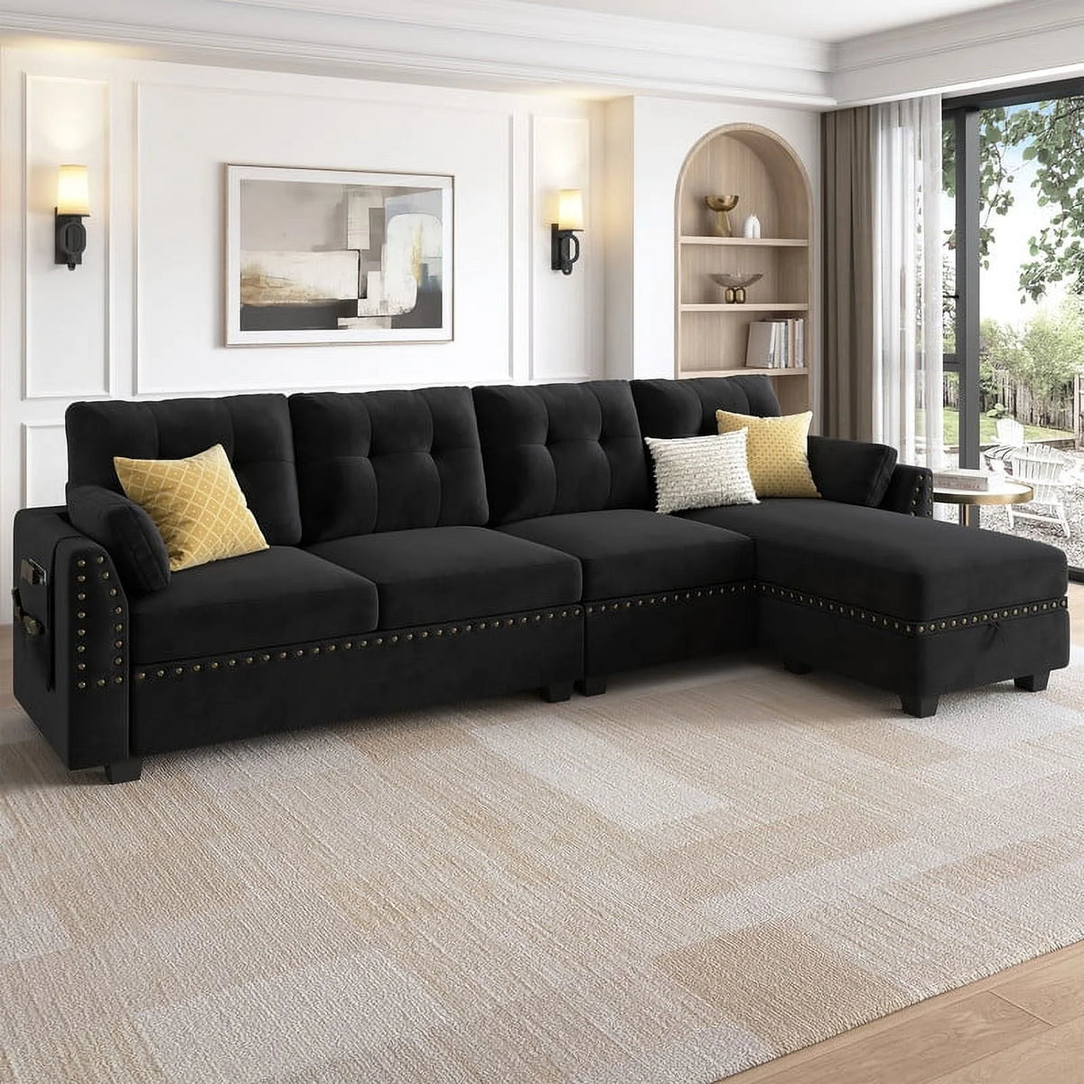 Black Velvet L Shaped Sectional Couch with Storage Ottoman A286835
