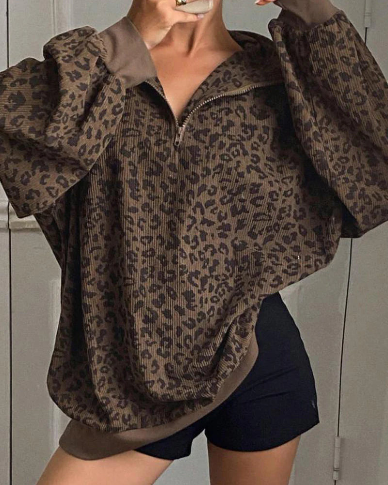 Women Zip Up Long Sleeve Leopard Print Sweatshirt K2618