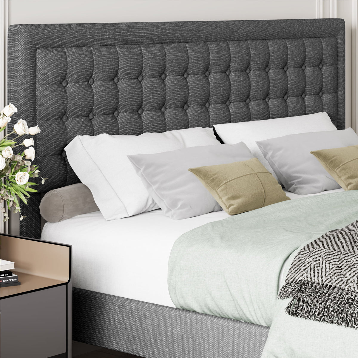 King Size Gray Linen Fabric Upholstered Bed Frame J7616