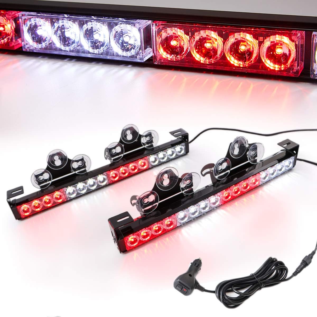 2 in 1 Emergency Strobe Light Bar 21 Flash Patterns Traffic Advisor Warning Hazard Windshield Safety Lights Bar with Cigar Lighter (2×16.8 inch, 32 Led) Pack of 2 C19199