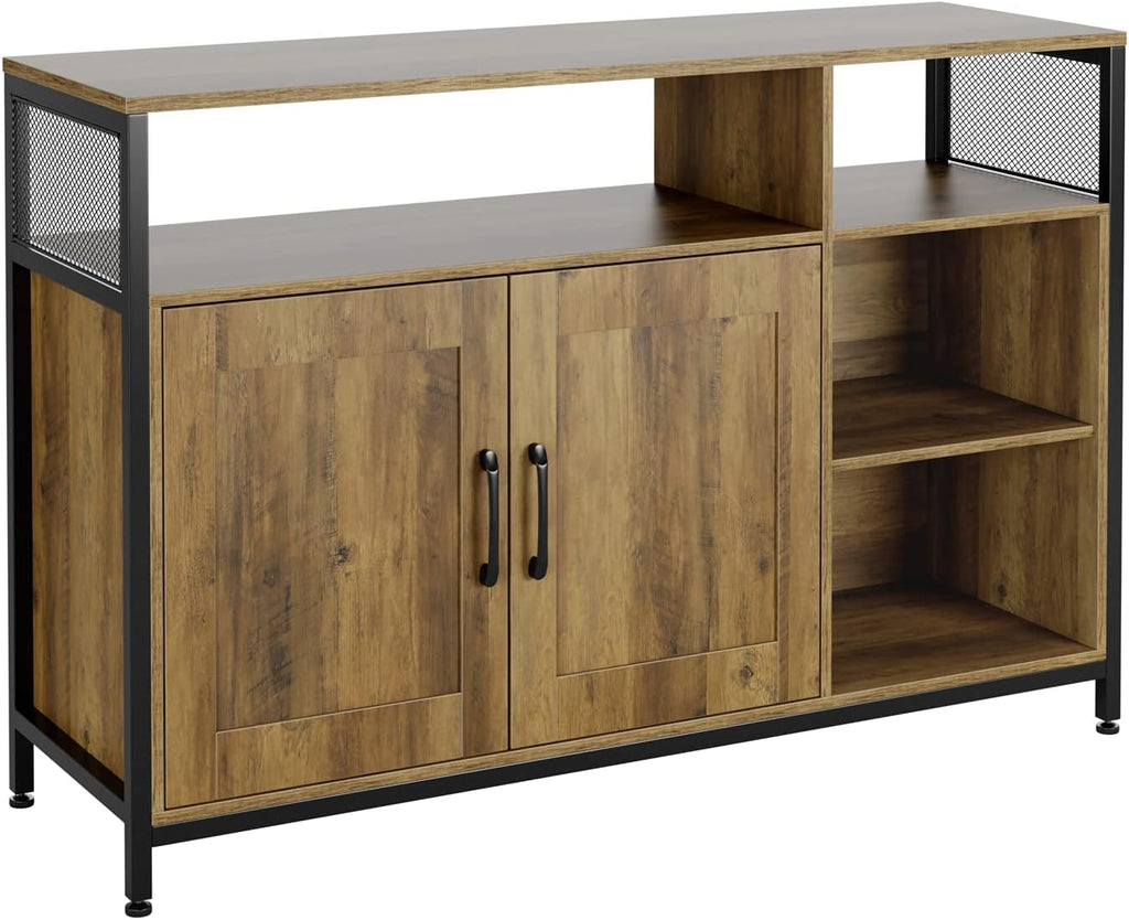 Rustic Brown Wooden Buffet Cabinet with 2 Doors and Open Shelves Q470848