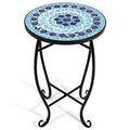 Round 14 Inch Mosaic Side Table with Glass Top and Steel Frame M117