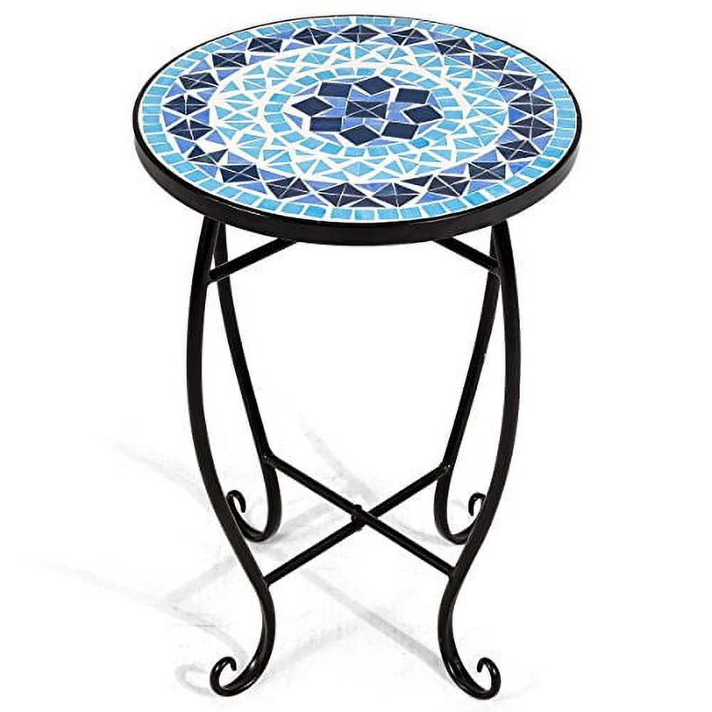 Round 14 Inch Mosaic Side Table with Glass Top and Steel Frame M117
