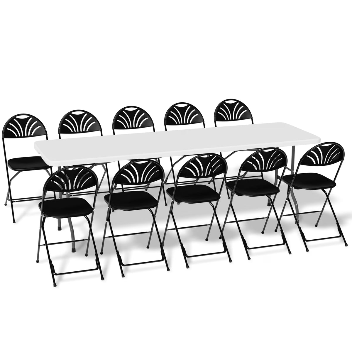 11 Pieces 8 Ft Heavy Duty Plastic Folding Utility Dining Table and Chair Set, White/Black A88579