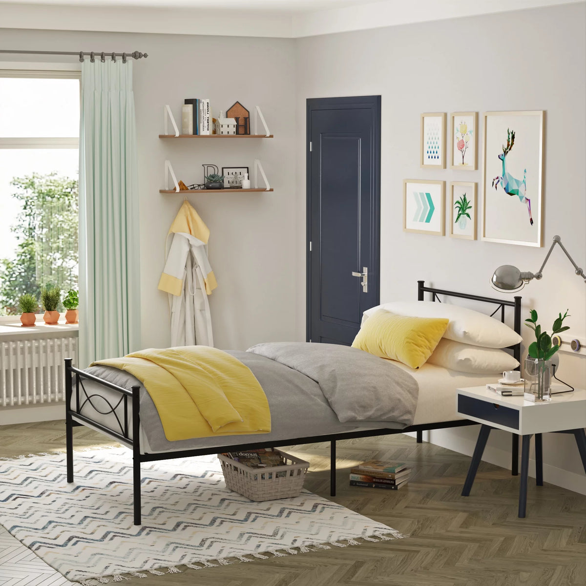 Twin Size Black Metal Platform Bed Frame with Headboard and Footboard L359