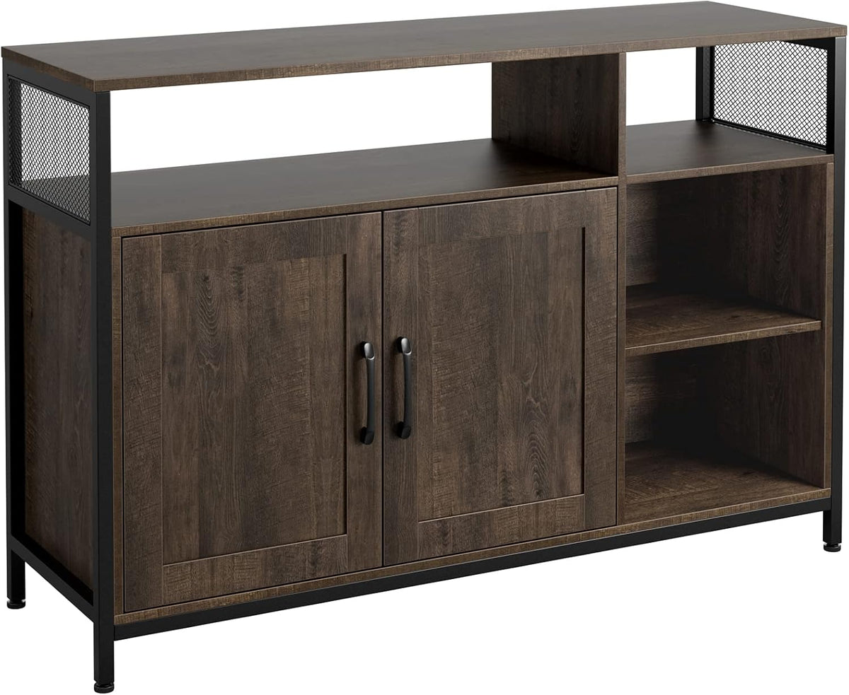 Rustic Brown Wooden Buffet Cabinet with 2 Doors and Open Shelves Q470848