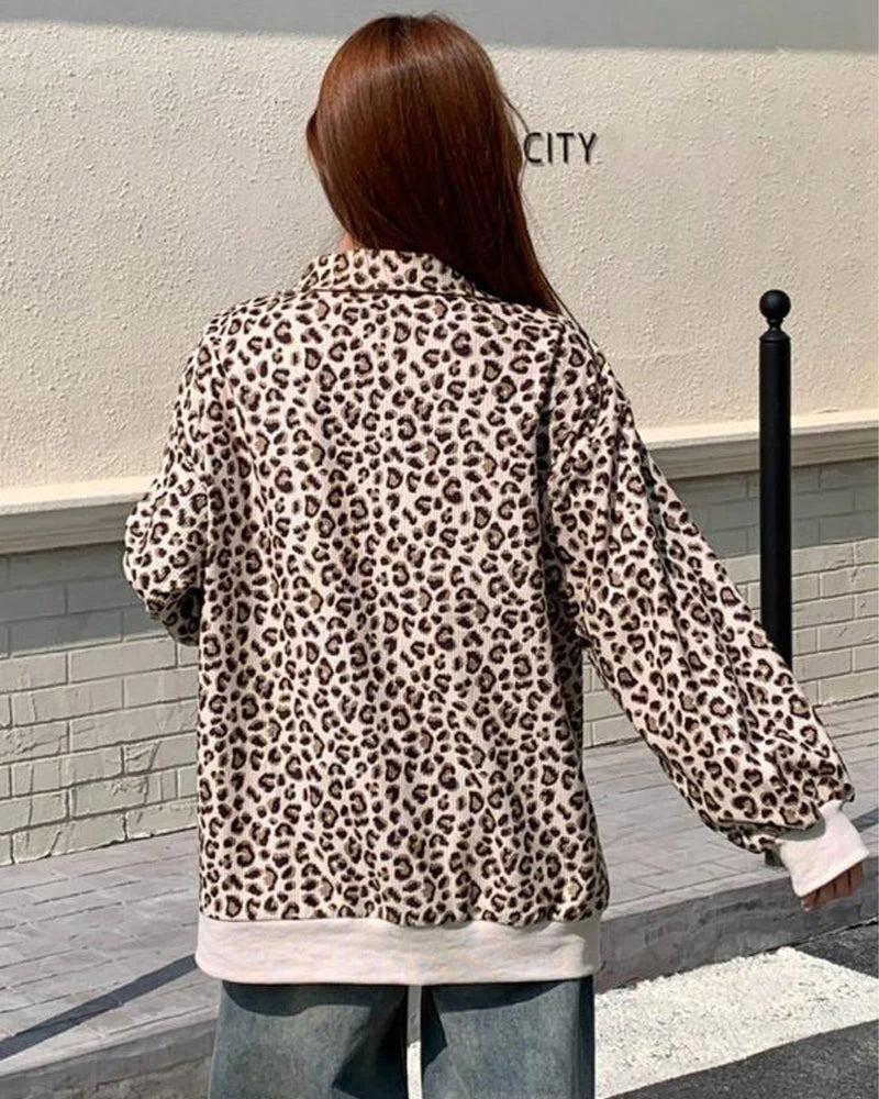 Women Zip Up Long Sleeve Leopard Print Sweatshirt K2618